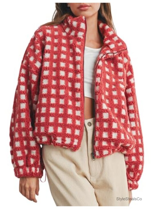 Jackets & Blazers - Cropped Sherpa Fleece Plaid Jacket, Zip Up Teddy Coat for Women, Fall Winter